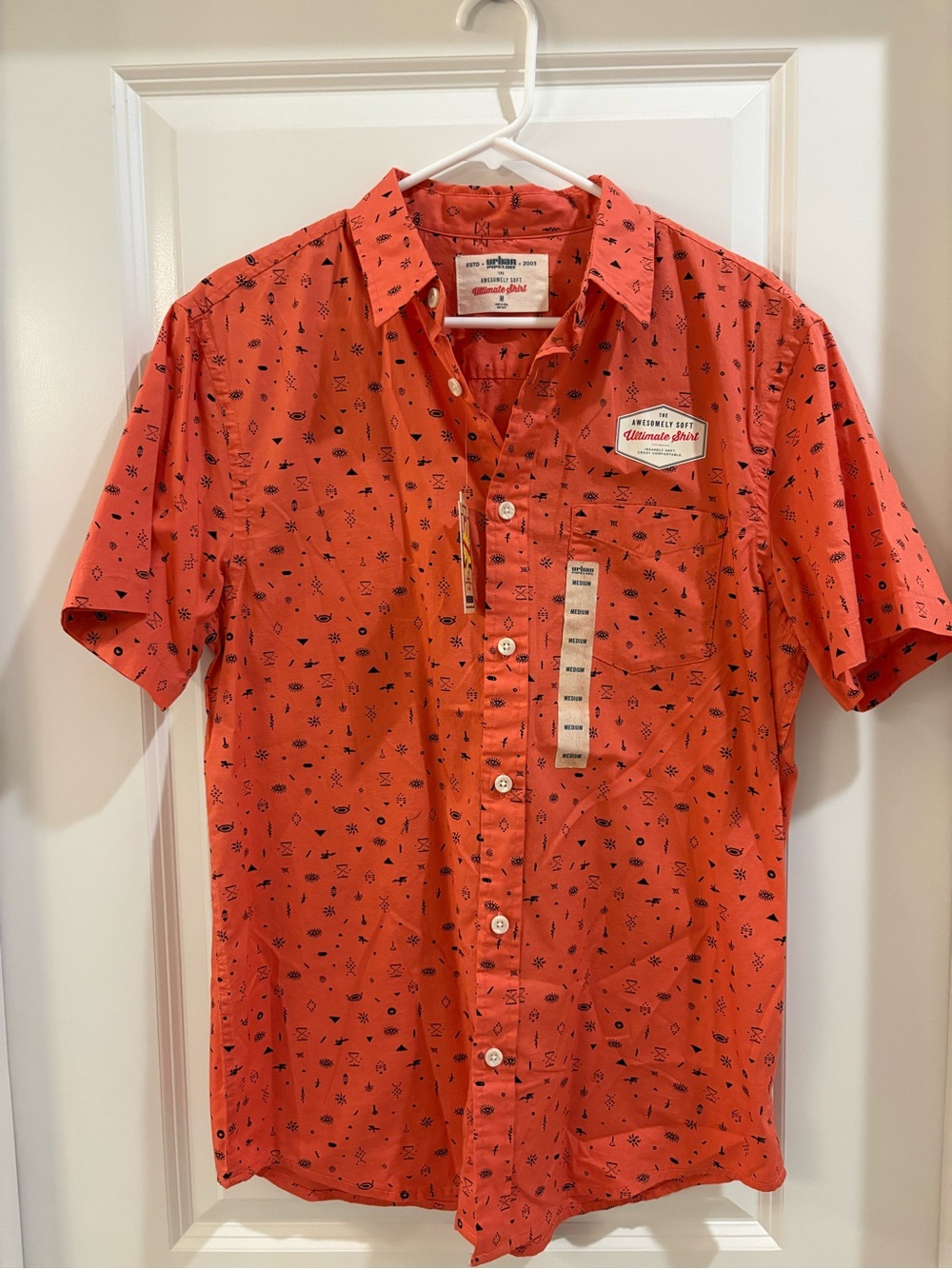 Urban Pipeline Coral Short-Sleeve Button-Down Shirt with Navy Micro Print